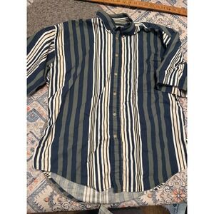 Supreme Mens Short Sleeve Button Down Shirt Multi Stripe Navy Green Cream Size M